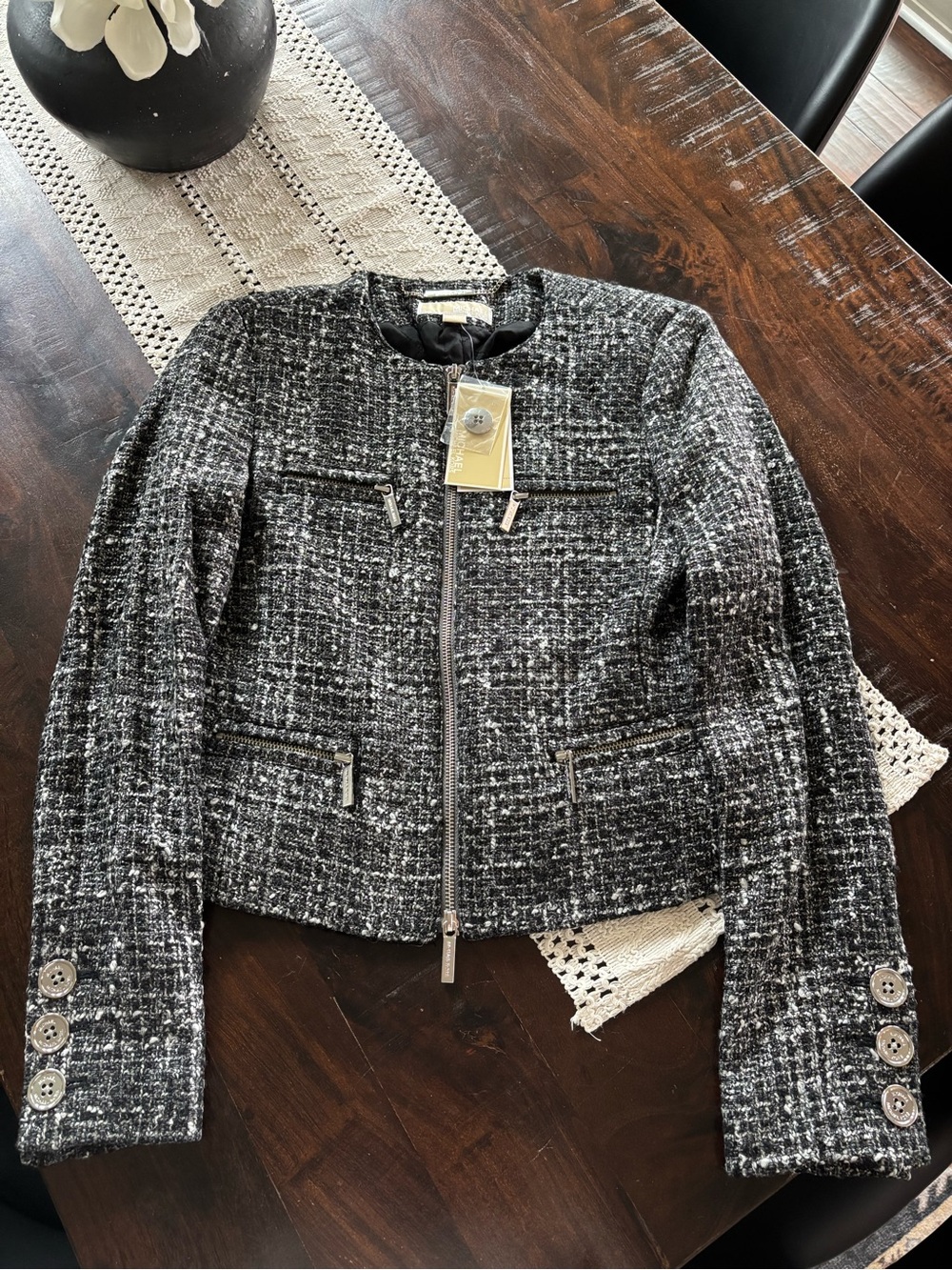Michael Kors Black & White Tweed Zip-Front Jacket